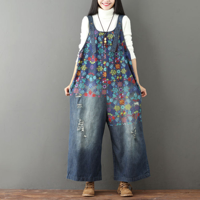 Women's Denim Jumpsuit Overall Ins Floral Pattern Artist Workwear Jumpsuit for Street School