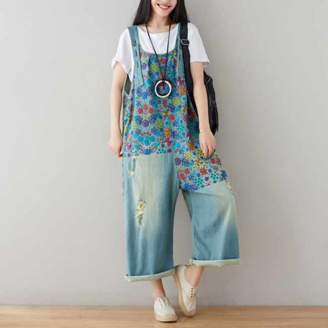 Women's Denim Jumpsuit Overall Ins Floral Pattern Artist Workwear Jumpsuit for Street School