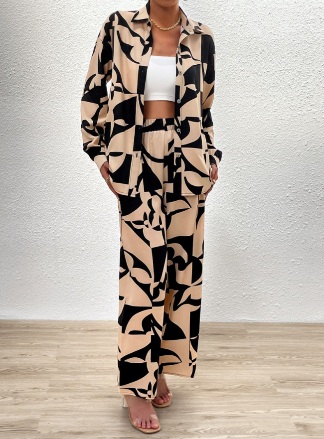 Women's Daily Set Artist Print Casual Long Sleeve Shirt and Straight Long Pant