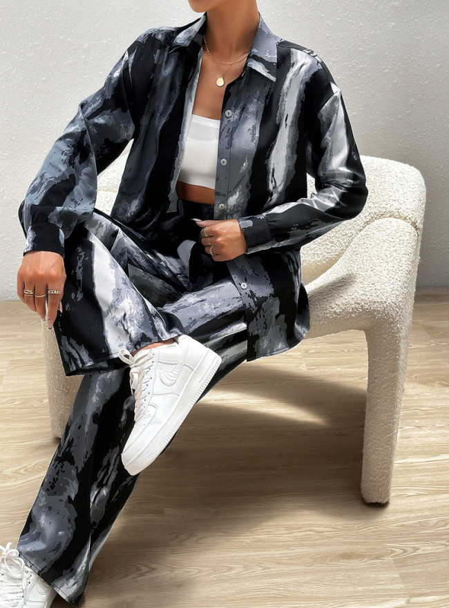 Women's Daily Set Artist Print Casual Long Sleeve Shirt and Straight Long Pant