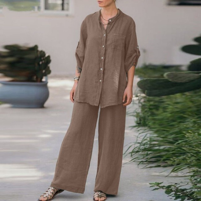 Women's Cotton Linen Daily Set Soild Color Long Sleeve Shirt and Long Casual Pants