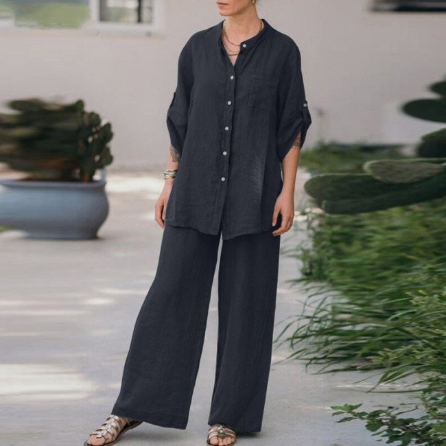 Women's Cotton Linen Daily Set Soild Color Long Sleeve Shirt and Long Casual Pants
