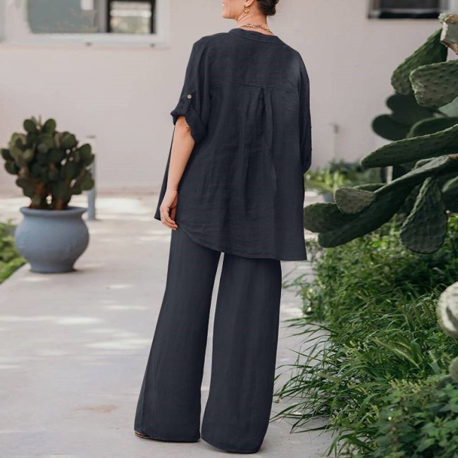 Women's Cotton Linen Daily Set Soild Color Long Sleeve Shirt and Long Casual Pants