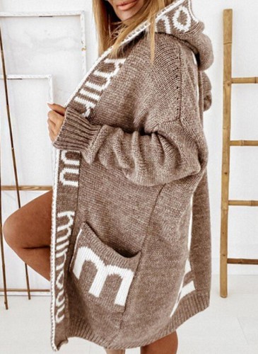Women's Knitted Sweater Jacket Mid-Length Loose Personalized Letter Hooded Sweater Cardigan