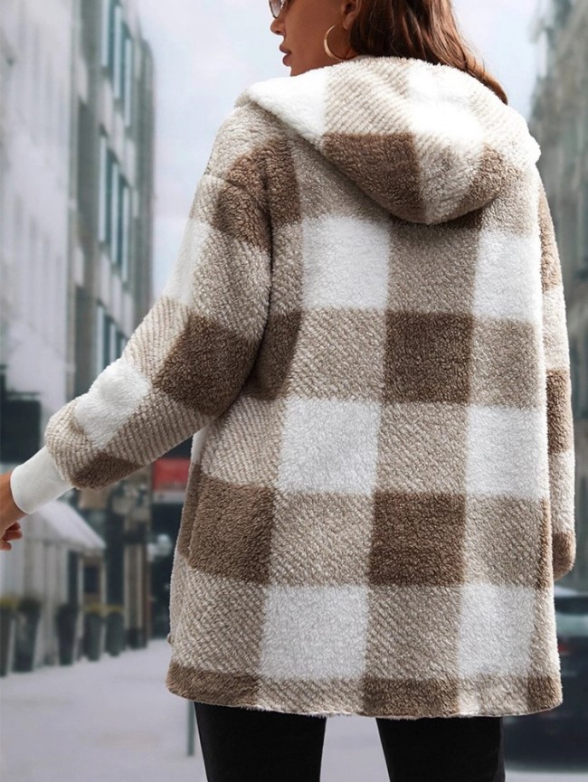Women's Plaid Hoodie Cardigan Color Block Open Front Woolen Cardigan Coat