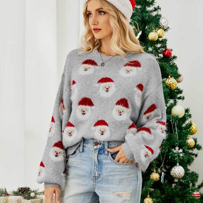 Women's Cute Santa Claus Ugly Christmas Sweater Pullover Puff Sleeve Sweater