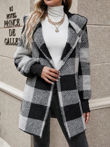 Women's Plaid Hoodie Cardigan Color Block Open Front Woolen Cardigan Coat
