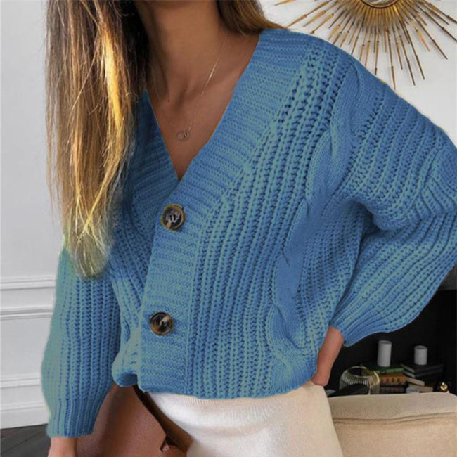 Women's Fall Winter Sweater Thick Woolen Twist Knit Sweater V-Neck