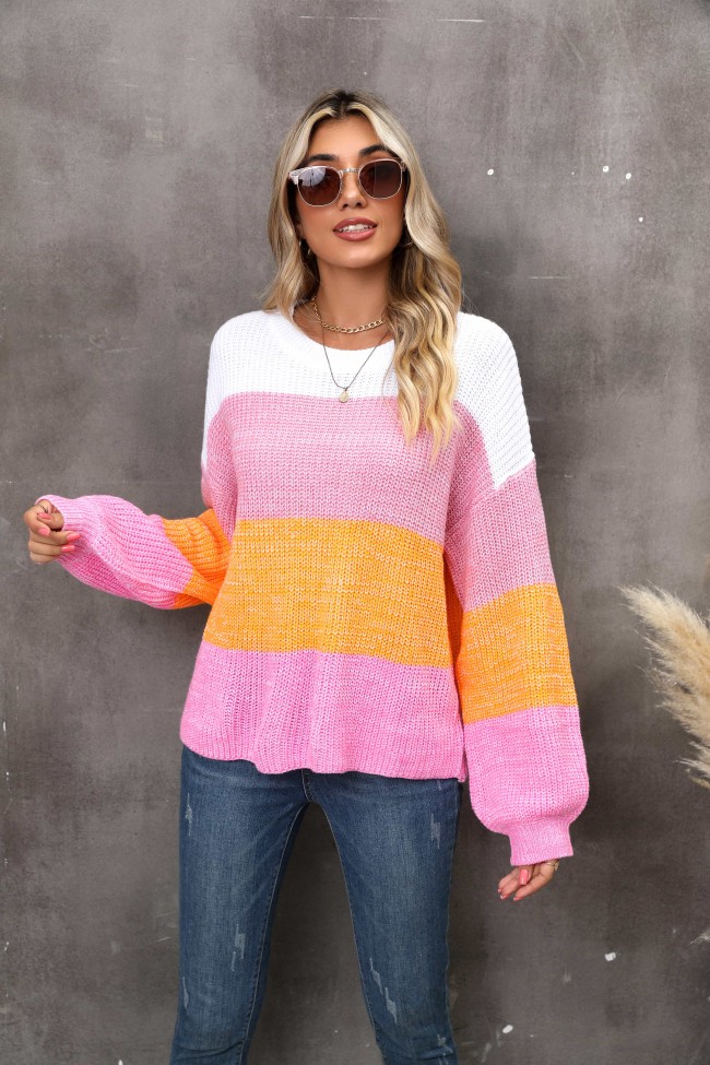 Women's Color Block Round Neck Dropped Shoulder Sweater
