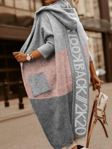 Women's Fall Winter Sweater Cardigan Color Block Patchwork Letter Print Long Hoodie Cardigan