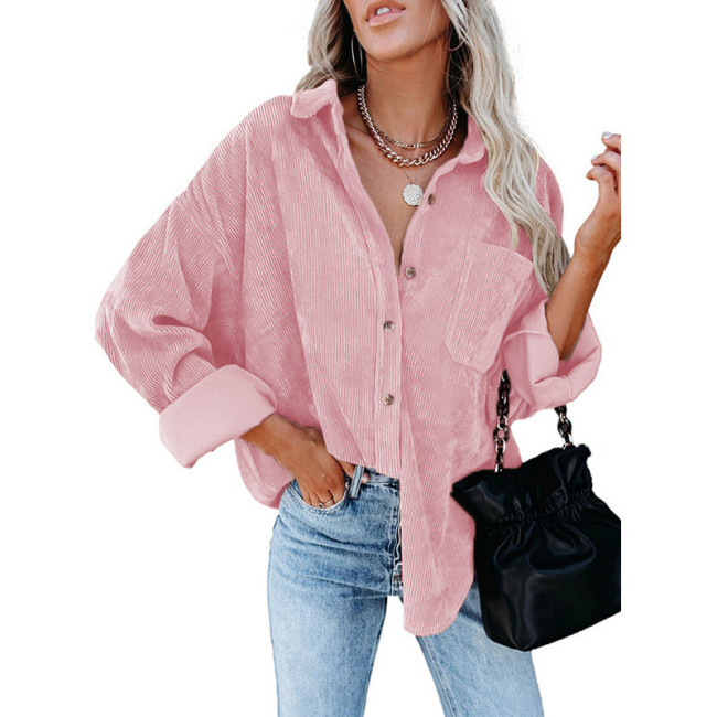 Women's Retro Corduroy Shirt Jacket Lapel Single Breasted Solid Color Shirt