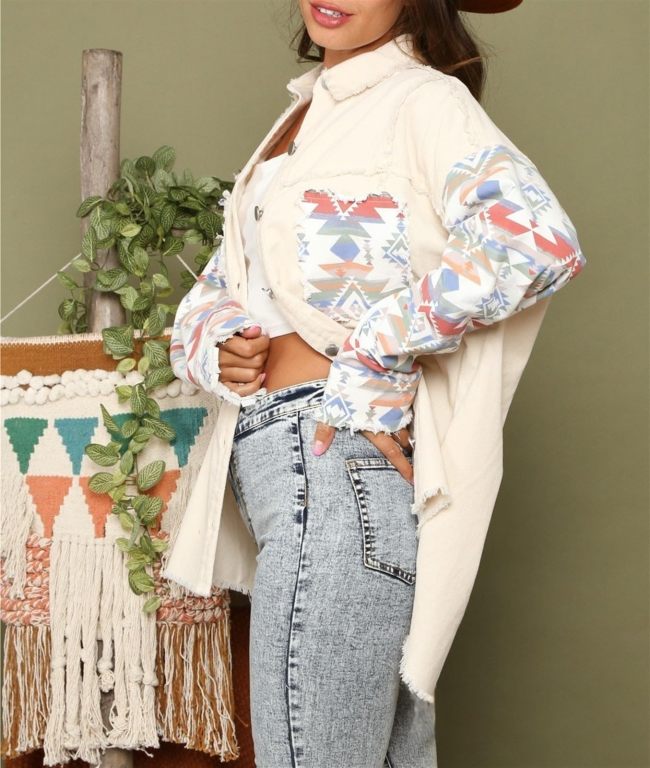 Women's Aztec Denim Jacket Color Block Western Tribal Jacket Coat
