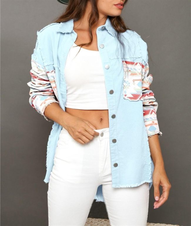 Women's Aztec Denim Jacket Color Block Western Tribal Jacket Coat