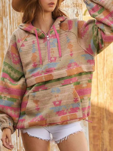 Women's Aztec Woolen Sweatshirt with Big Front Pocket Tribal Western Hooded Coat