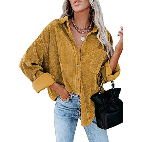 Women's Corduroy Shirt Jacket Lapel Single Breasted Solid Color Shirt