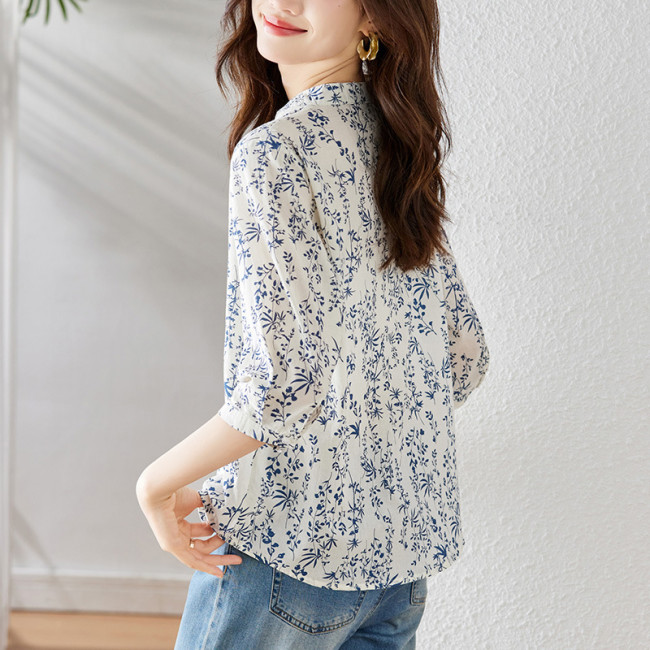 Women's Little Floral Blouse Crew Neck Single Breasted Shirts 100%Cotton
