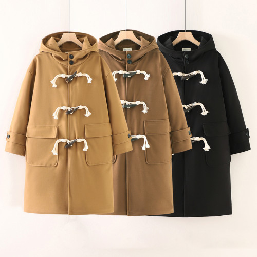 Women's Woolen Coat Mid-length Hooded Woolen Jacket with Horn Buttons