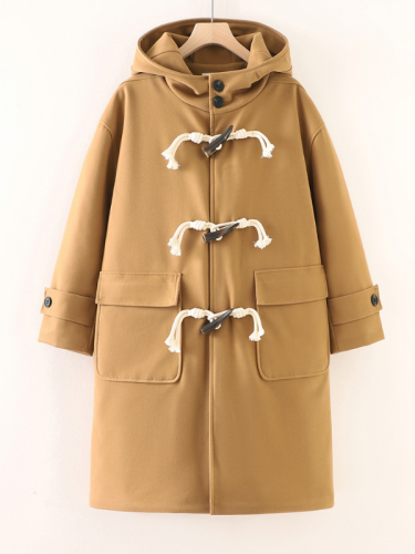 Women's Woolen Coat Mid-length Hooded Woolen Jacket with Horn Buttons