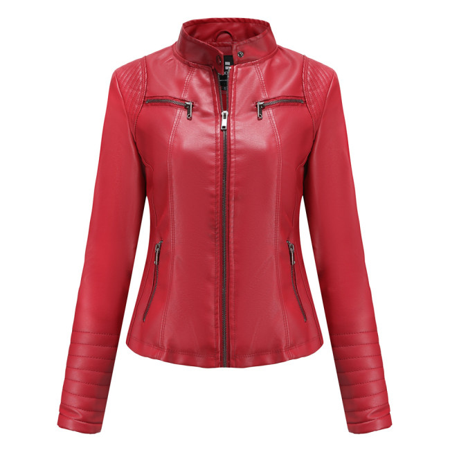 Women's PU Leather Jacket Stand Collar Zipper Slim Fit Motorcycle Jacket