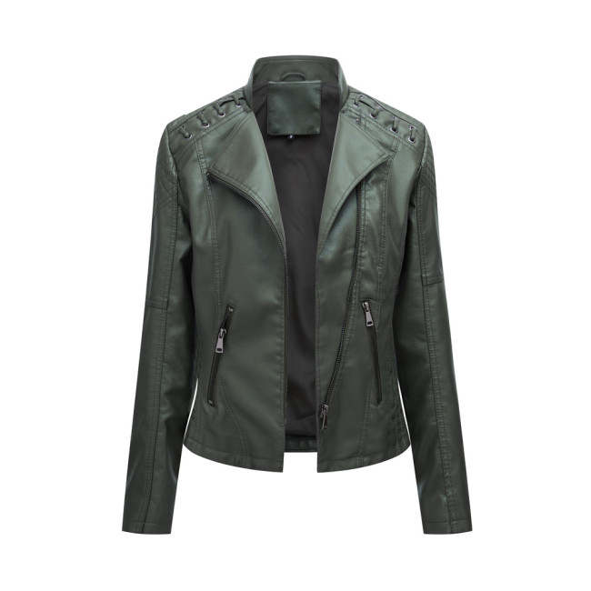Women's PU Leather Jacket Lapel Zipper Motorcycle Jacket