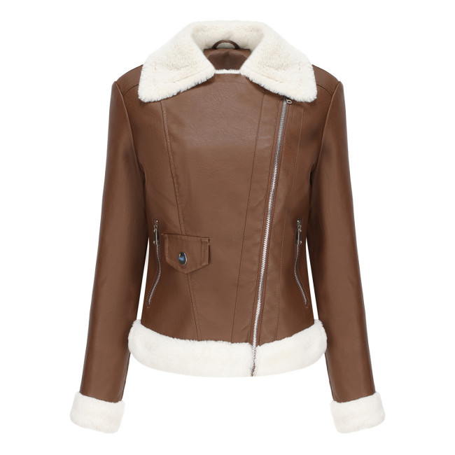 Women's Fleece PU Leather Jacket Lapel Zipper Byker Western Style Jacket