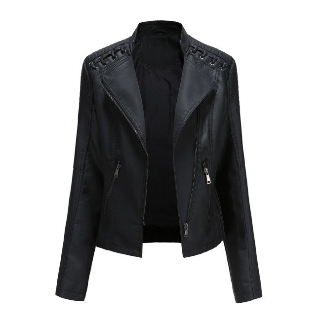 Women's PU Leather Jacket Lapel Zipper Motorcycle Jacket