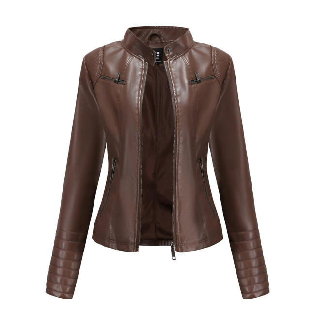 Women's PU Leather Jacket Stand Collar Zipper Slim Fit Motorcycle Jacket