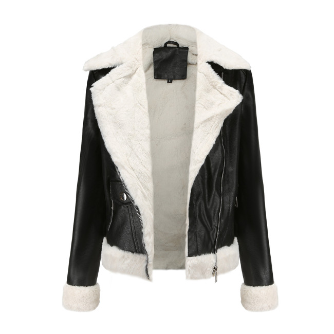 Women's Fleece PU Leather Jacket Lapel Zipper Byker Western Style Jacket