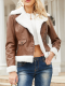 Women's Fleece PU Leather Jacket Lapel Zipper Byker Western Style Jacket