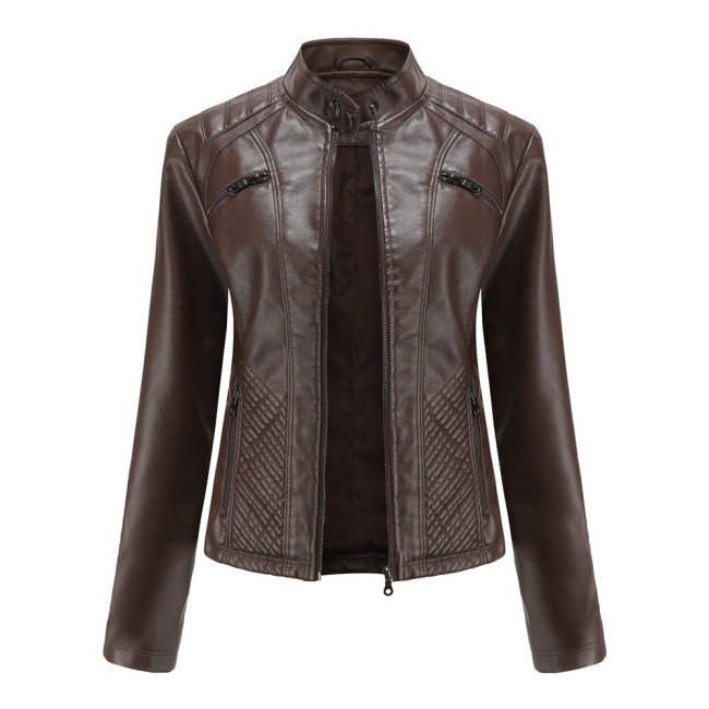 Women's PU Leather Jacket Stand Collar Zipper Slim Fit Motorcycle Byker Jacket