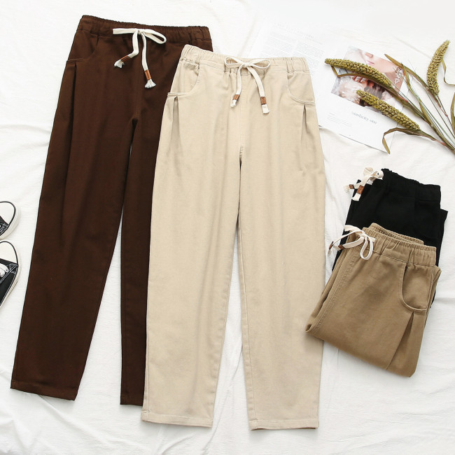 Women's Cotton Casual Pant Straight Solid Color Long Pant