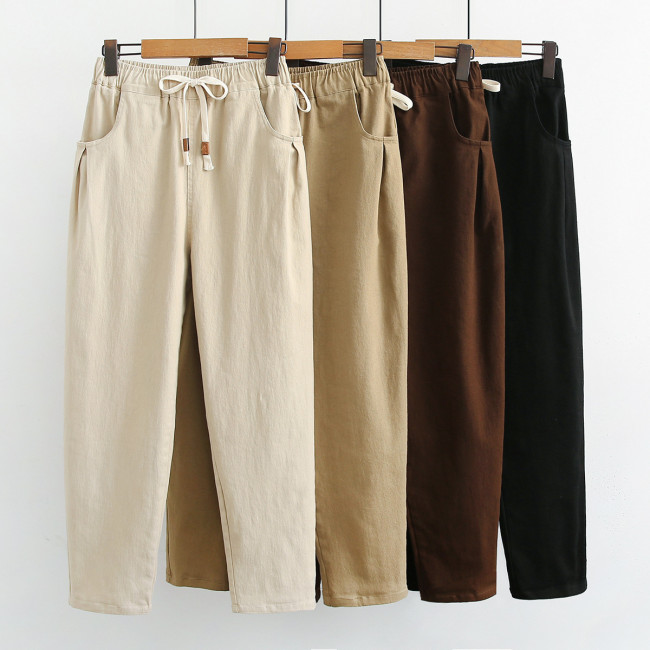 Women's Cotton Casual Pant Straight Solid Color Long Pant