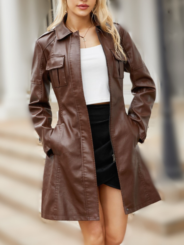 Women's Mid Length PU Leather Jacket with Belt