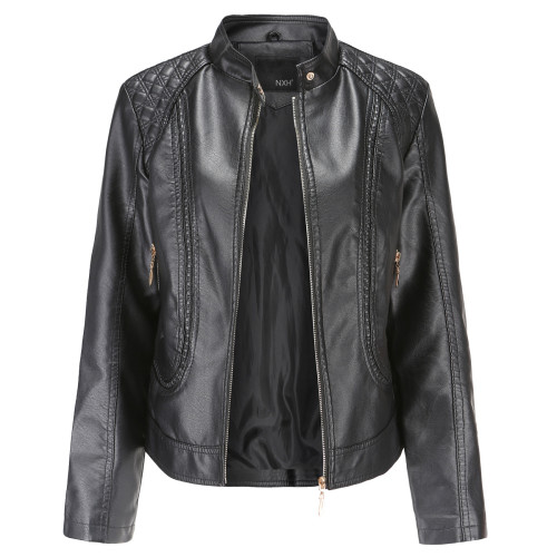 Women's PU Leather Jacket Stand Collar Zipper Slim Fit Motorcycle Byker Jacket 6Colors