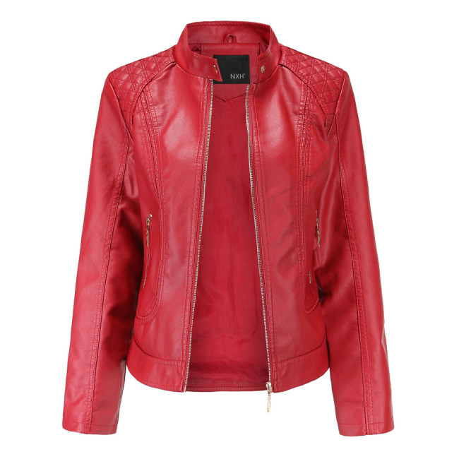 Women's PU Leather Jacket Stand Collar Zipper Slim Fit Motorcycle Byker Jacket 6Colors