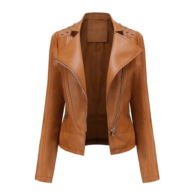 Women's PU Jacket Lapel V-Neck Slim Fit Motorcycle Byker Jacket 6Colors