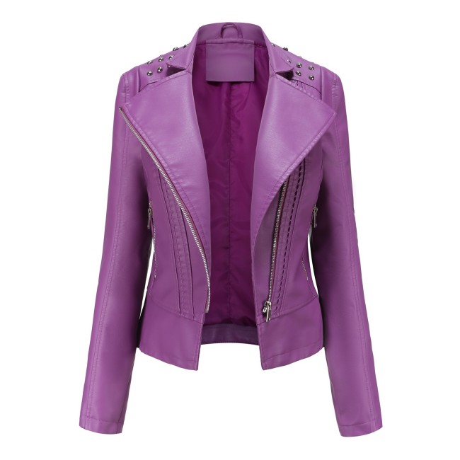 Women's PU Jacket Lapel V-Neck Slim Fit Motorcycle Byker Jacket 6Colors