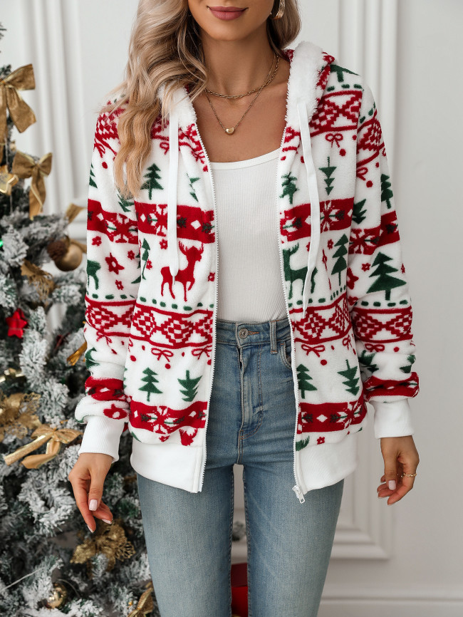 Women's Christmas Fleece Jacket Coat Holiday Outfits Christmas Cardigan Coat with Hoode