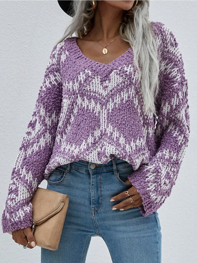 Women's Knitted Sweater Geometric Pattern Ripped Side Hem Sweater