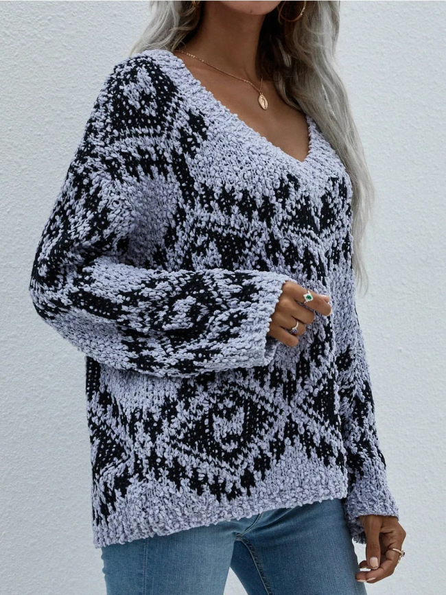 Women's Knitted Sweater Geometric Pattern Ripped Side Hem Sweater