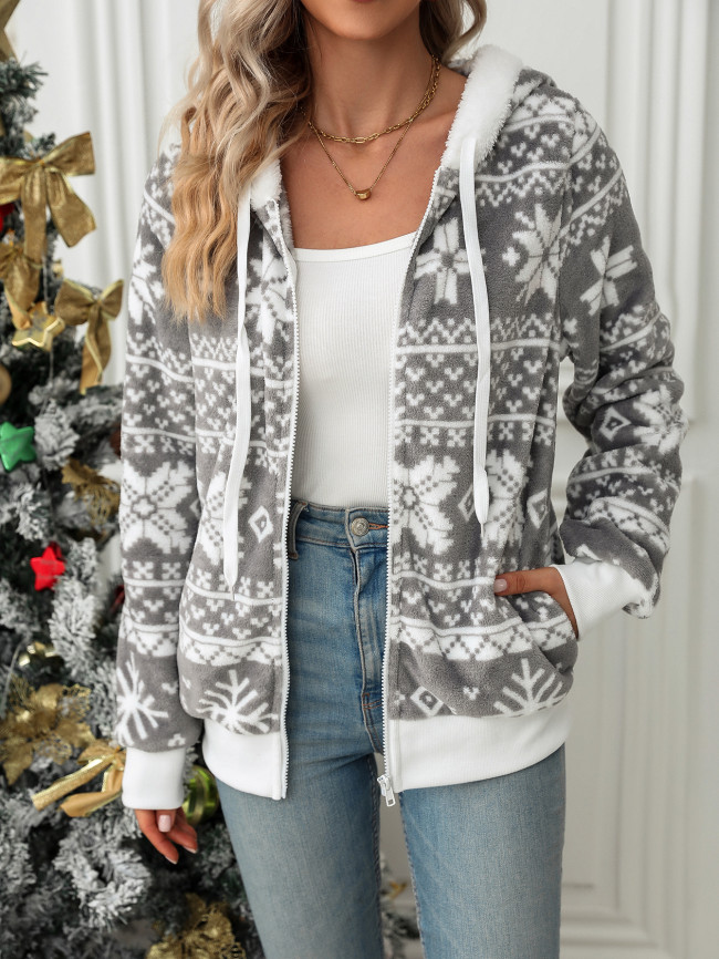 Women's Christmas Fleece Jacket Coat Holiday Outfits Grey Christmas Cardigan Coat with Hoode