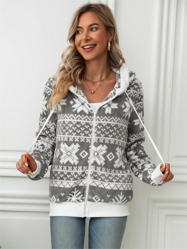 Women's Christmas Fleece Jacket Coat Holiday Outfits Grey Christmas Cardigan Coat with Hoode