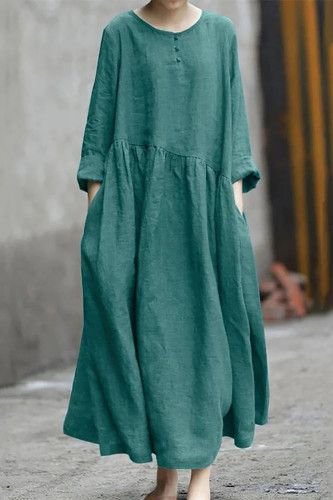 Women's Linen Dress Crew Neck Long Sleeve Pocket Maxi Dress