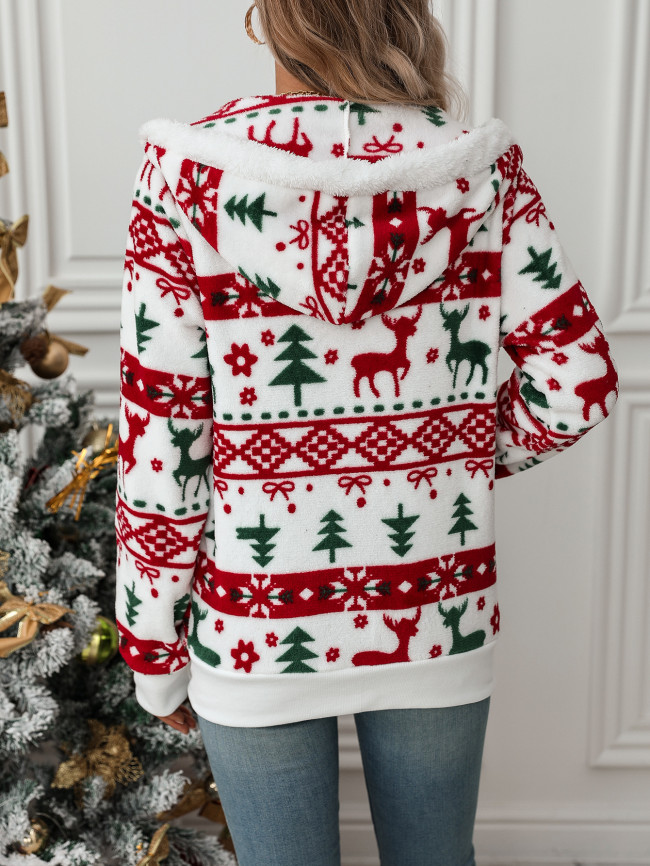 Women's Christmas Fleece Jacket Coat Holiday Outfits Christmas Cardigan Coat with Hoode