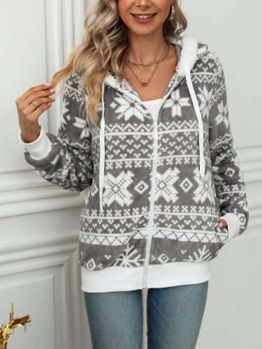 Women's Christmas Fleece Jacket Coat Holiday Outfits Grey Christmas Cardigan Coat with Hoode