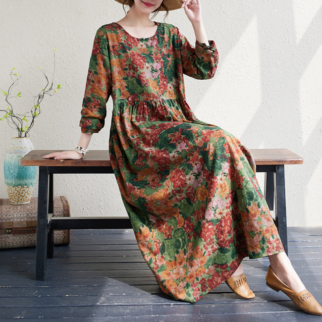 Women's Vintage Floral Dress A Line Crew Neck Cotton Linen Floral Holiday Dress