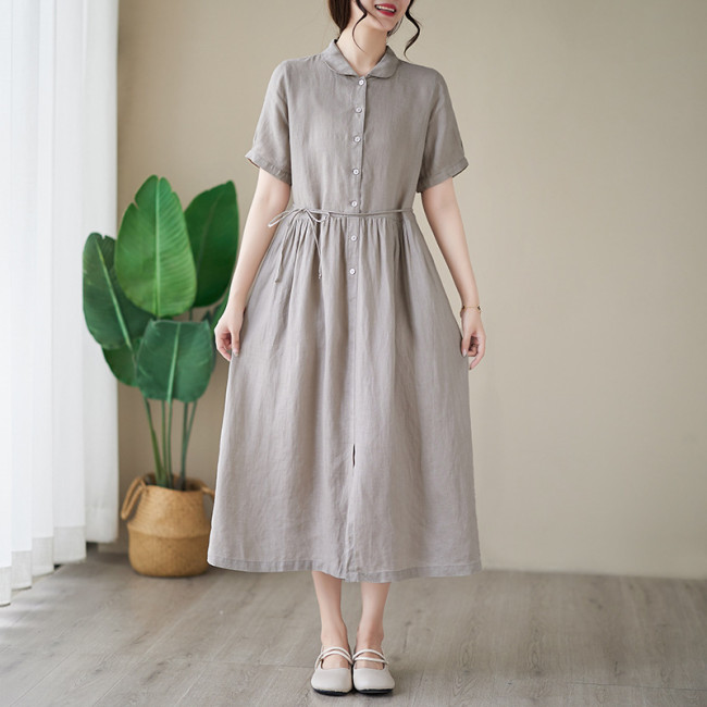 Women's Cotton Linen Dress Crew Neck Short Sleeve Single Breasted Midi Dress Solid Dress