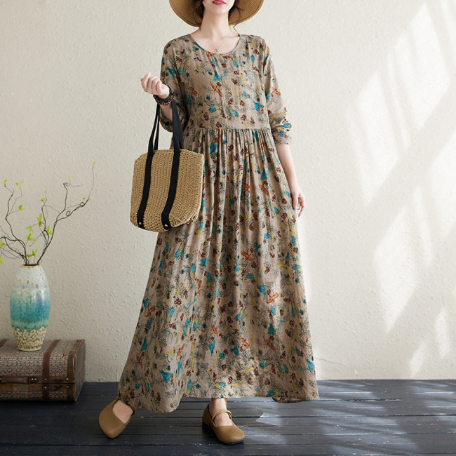 Women's Vintage Floral Dress A Line Crew Neck Cotton Linen Holiday Vacation Maxi Dress
