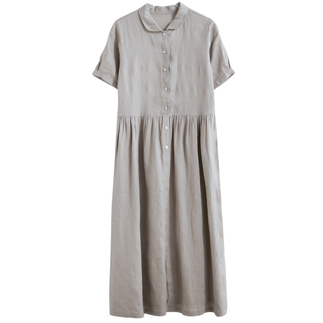 Women's Cotton Linen Dress Crew Neck Short Sleeve Single Breasted Midi Dress Solid Dress