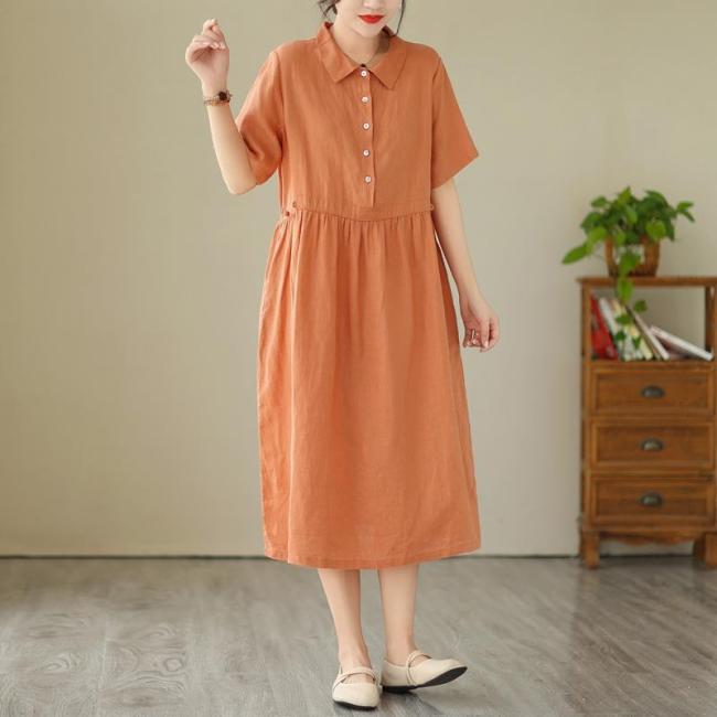 Women's Cotton Linen Dress Crew Neck Short Sleeve Midi Dress Solid Dress